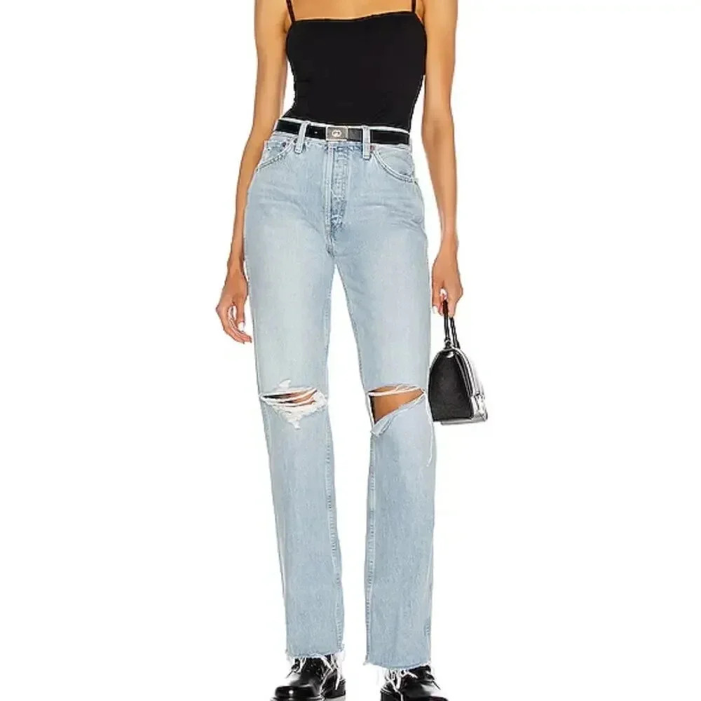 Re/Done Originals 90s High Rise Loose Jeans Light Wash Blue Distressed Size 27
